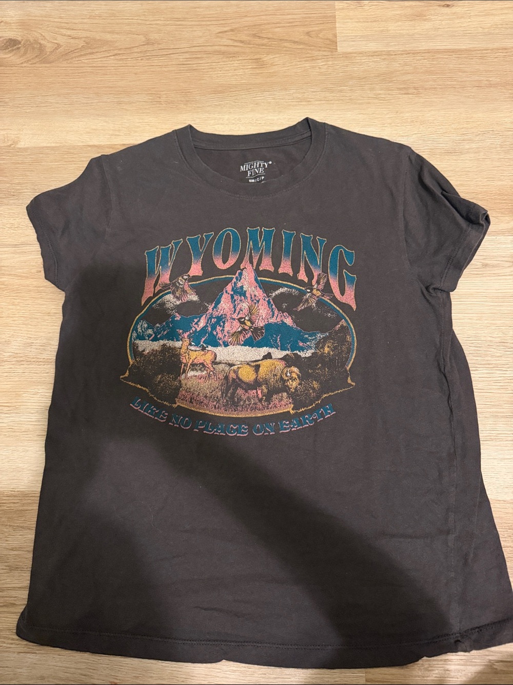 Mighty Fine Black Tee with Teal and Pink Gradient Print